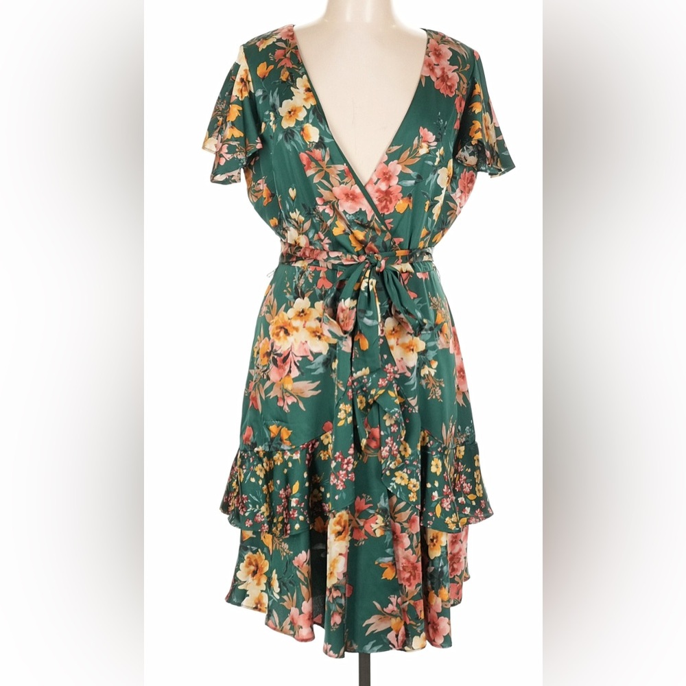 Nicole Miller Green and Pink Flutter Sleeve Wrap Sundress